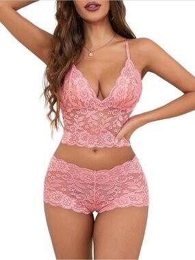 Floral Lace Bralette & Boyshort Set - Dusty Pink